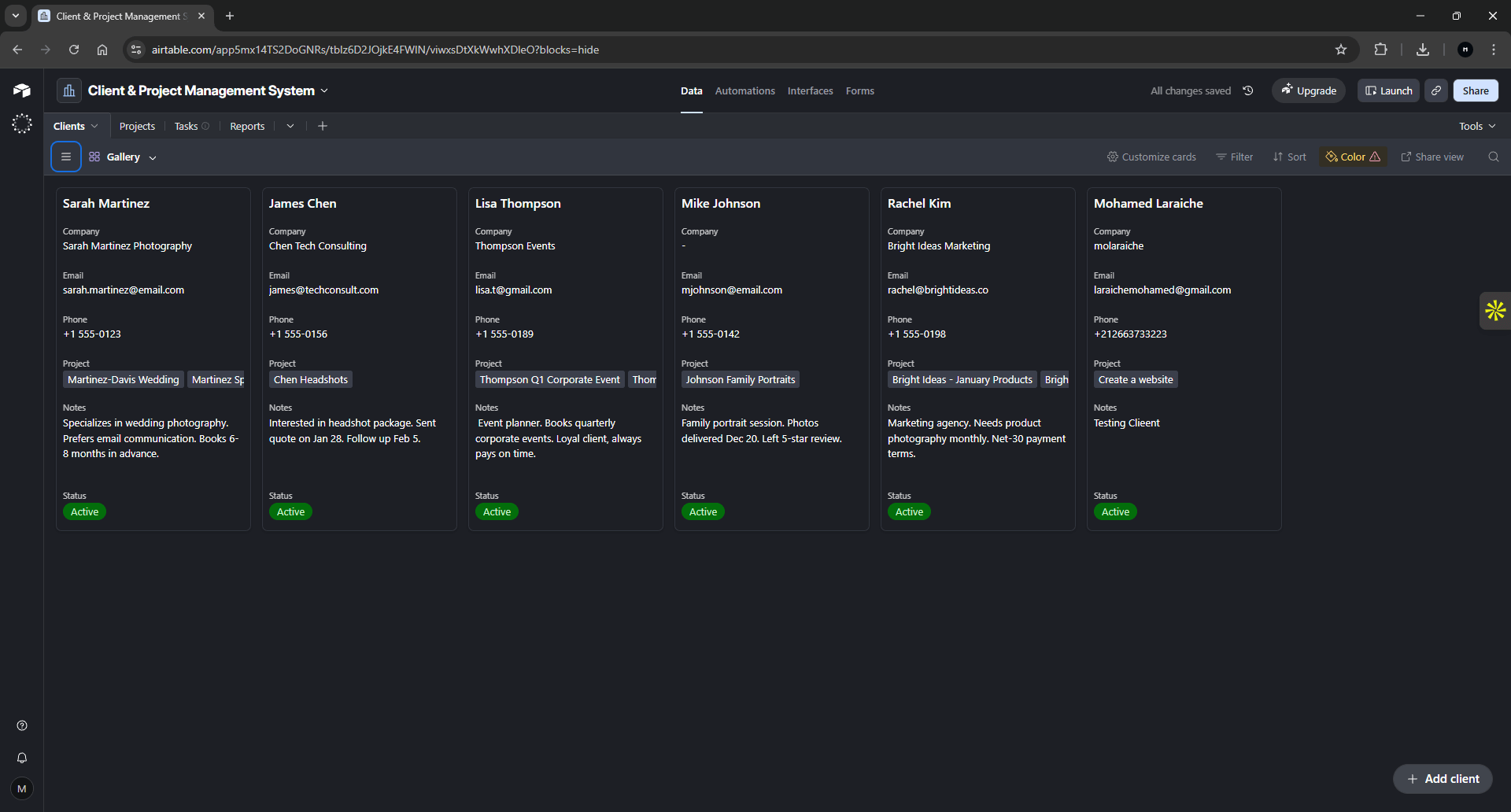 Airtable Clients Gallery - Client contact cards displaying company information, email, phone, project assignments, and active status