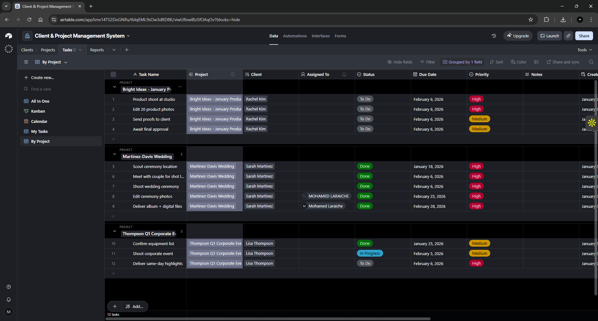 Airtable Tasks View - Project management interface showing tasks organized by project with priority levels and due dates